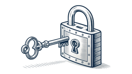 Classic padlock with inserted key vector illustration, transparent background