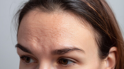 Macro close up of irritated forehead skin texture showing fine lines and pores with natural light highlighting uneven surface and subtle redness, conveying sense of skin sensitivity and concern