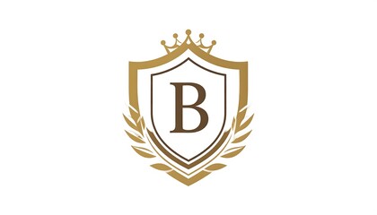 A heraldic emblem featuring a shield with a letter, crowned by a regal design, and flanked by laurel branches