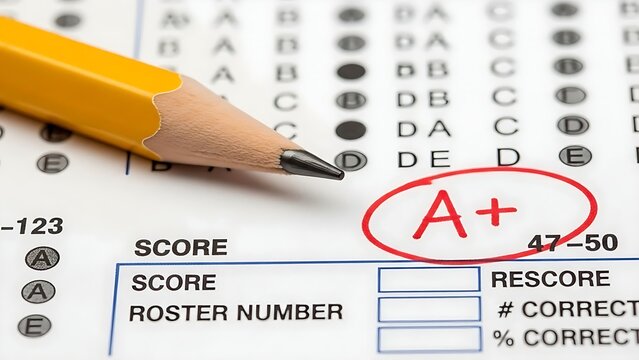 Close-up of a yellow pencil marking an A+ grade on a test paper with bubble answers