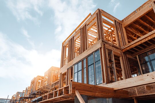 New construction framing residential development against sky