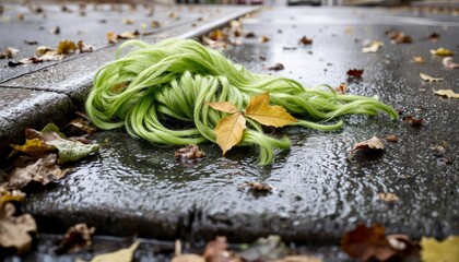 Green wig lying on wet pavement with autumn leaves around  