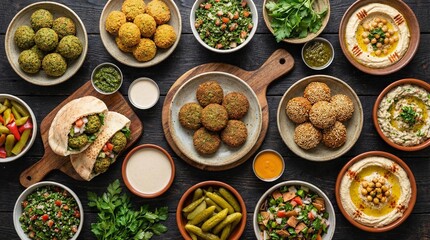 Assorted Middle Eastern dishes including falafel hummus and tabbouleh on dark wood
