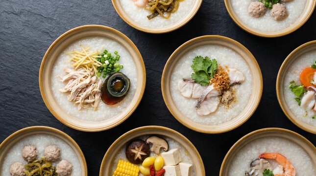 Assorted bowls of Chinese rice congee with diverse traditional toppings