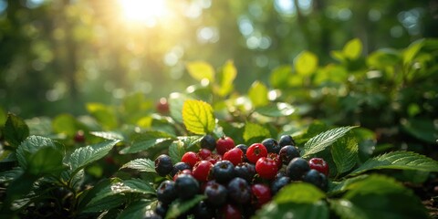 Wild berries nestled among green leaves basking in sunlight, natural foraging and seasonal abundance