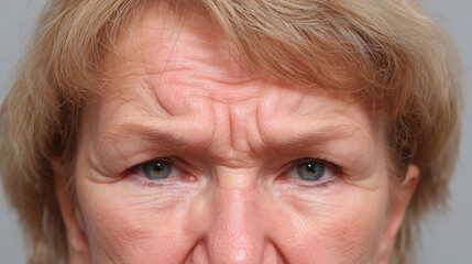 Wrinkled forehead close up of mature woman with light hair and green eyes showing natural skin texture and fine lines under soft studio lighting, expressing concern and thoughtfulness