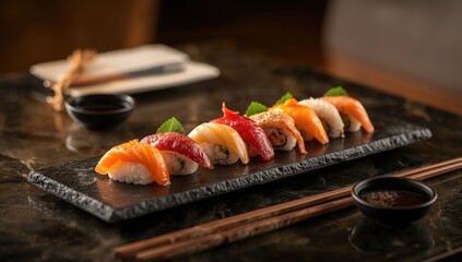 Japanese sushi served on a sleek black stone plate highlighting culinary presentation, ideal for food blog backgrounds