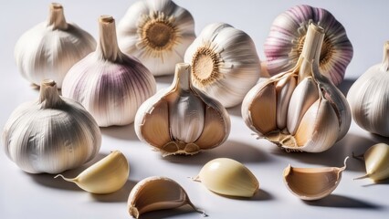Several garlic bulbs and cloves scattered on a clean white surface