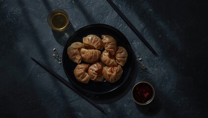 Black stone background featuring steamed Pan-Asian pork and beef dumplings arranged for layout or photography