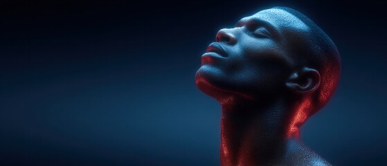 Close-up profile of athletic man with glistening skin under blue and red light symbolizing strength recovery and wellness tech