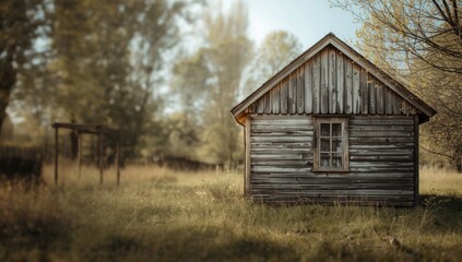 Rustic old house made of wood with one window, located in a small resort village, highlighting aging infrastructure