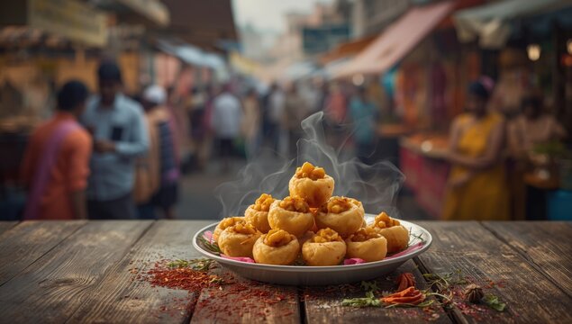 Stuffed Panipuri with aloo and tamarind, popular street food item for flavor balance, India, food handling standards