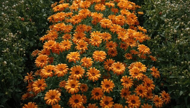 Bright orange Aurora Daisies densely arranged as a garden feature, highlighting flower variety and landscape design