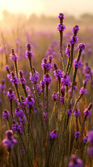 Obraz premium A serene field of purple lavender flowers swaying gently in the breeze at sunset with a blurred background of trees and a warm glowing sky