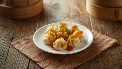 Steamed dumplings accompanied by sweet and sour sauce, highlighting Asian cuisine elements, International Dumpling Day