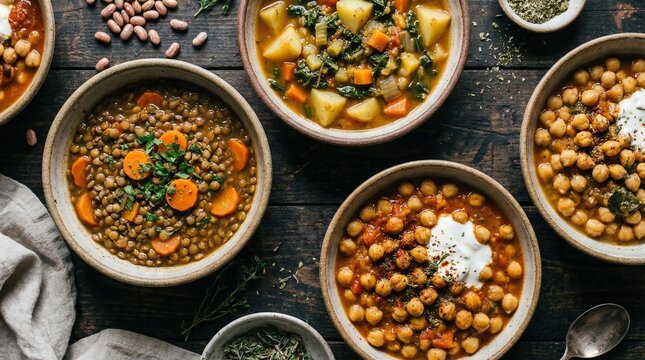 Overhead view of lentil soup, chickpea stew and vegetable soup on a wooden table