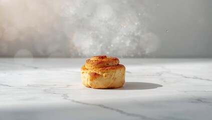 Freshly prepared cinnamon buns proofing on a marble countertop, highlighting bread-making process