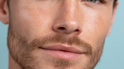 Obraz premium Close up of sun kissed male skin with warm micro details showing natural beard and soft lips against pastel soft blue background, highlighting healthy facial texture and subtle expression