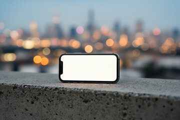 Smartphone on ledge with blank screen and bokeh.