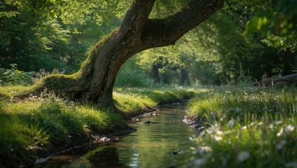 Tree draped in moss beside flowing water with blooming flowers, highlighting seasonal outdoor environments