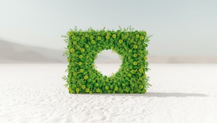 White desert scene featuring an abstract array of green circles forming a tropical plant-like texture, suitable for visual layouts