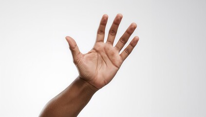 Close-up of a man's hand with fingers extended catching an item, focused on hand motion and safety, white background