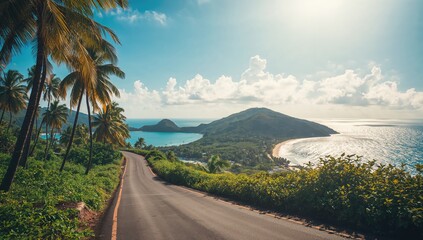An overhead view of an asphalt road cutting through a tropical beach landscape with palm trees and ocean, highlighting seasonal climate