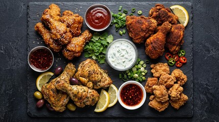 Assortment of fried and roasted chicken pieces with dipping sauces
