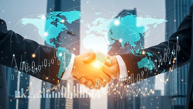 Handshake Between Business Professionals with a World Map and Financial Growth Charts Overlay, International Investment and Economic Cooperation - Powered by Adobe