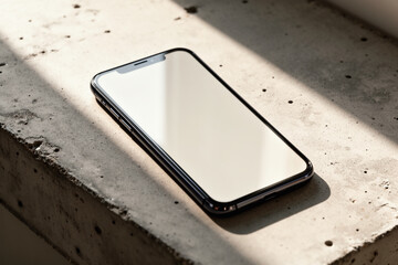 Smartphone reflecting window light on concrete desk.