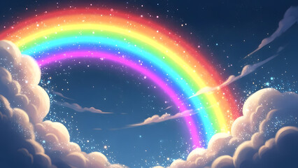 Vibrant Arc Rainbow in Starry Night Sky Above Fluffy Clouds