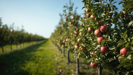 Dutch apple orchard featuring low espaliers and ripe red Elstar apples on a sunny late summer day, highlighting seasonal growth