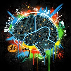 Obraz premium Digital circuitry pattern illuminates a stylized human brain shape against a vibrant abstract background