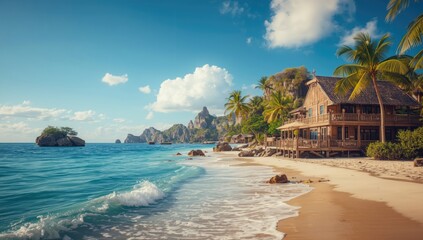 Seaside summer landscape featuring distinctive architecture, suitable for editorial header backgrounds