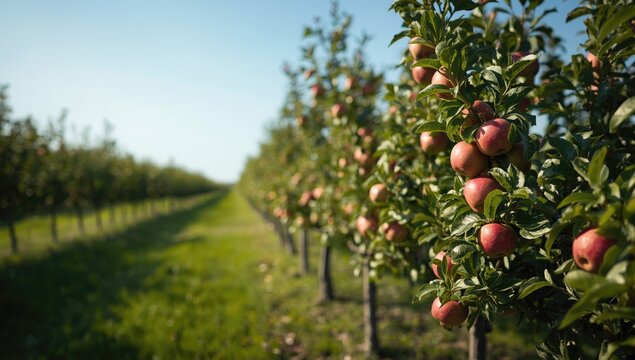 Dutch apple orchard featuring low espaliers and ripe red Elstar apples on a sunny late summer day, highlighting seasonal growth