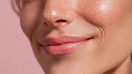 Naklejka premium Soft warm sun kissed skin texture highlighted in clean close up of smiling lips and nose with natural freckles on smooth healthy face