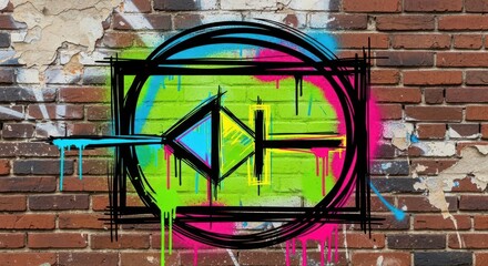 Stylized electrical schematic symbol is depicted with bright neon spray paint on a worn brick surface