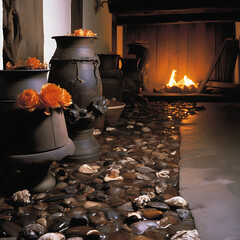 Zen Interior Decor with Ceramic Vases Pebbles and Firelight Glow