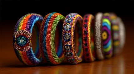 Colorful beaded bangles arranged in a row on a wooden surface with a dark background