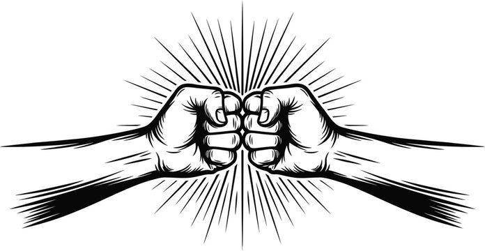 Two Hands Fist Bump with Radiating Energy Line Art Illustration Isolated