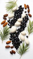 Flat Lay of Almonds Beans and Pine Leaves on White Background