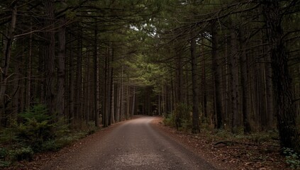 Forest landscape with a snow-covered pathway between pine trees in winter, serving as a natural outdoor setting for environmental awareness