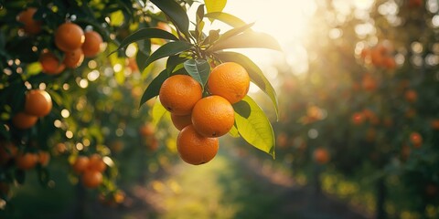 Fresh organic oranges ripening on a sunlit orchard tree, ideal for healthy eating