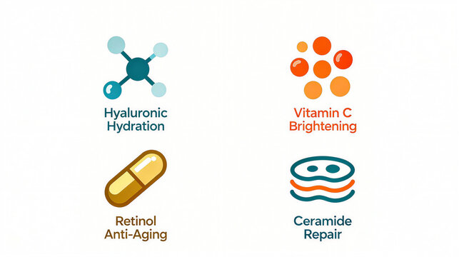 Hyaluronic acid moisturizing, vitamin C brightening and other elements represent the skin care effects of retinol anti aging and ceramide repair, and are suitable for skin care materials.
