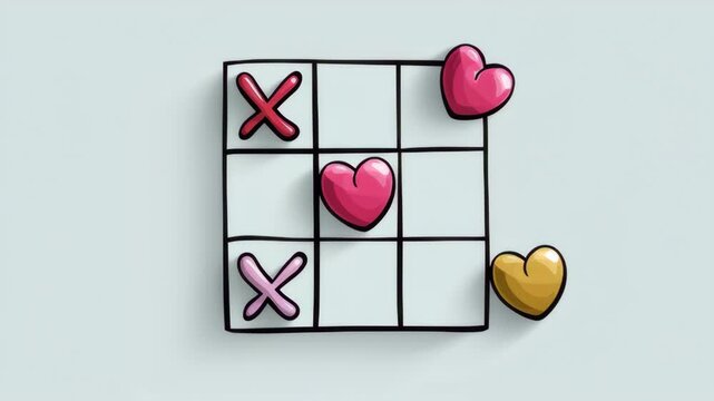A tic-tac-toe board with hearts on it. The hearts are in the middle of the board and are surrounded by X's