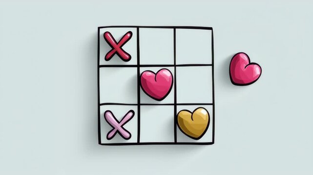 A tic-tac-toe board with hearts on it. The hearts are placed in the middle of the board, and there are X's on the top left and top right corners