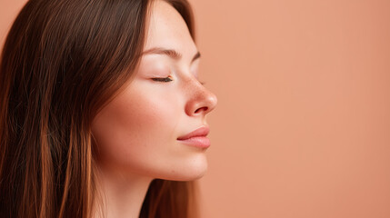 Fototapeta premium Young woman with long straight brown hair and eyes closed slowly exhaling with calm expression on peach background, showing natural skin and relaxed mood