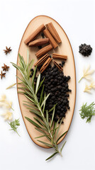 Aromatic rosemary sprig with cinnamon sticks and black peppercorns on wooden board, culinary herbs and spices flat lay on white background.