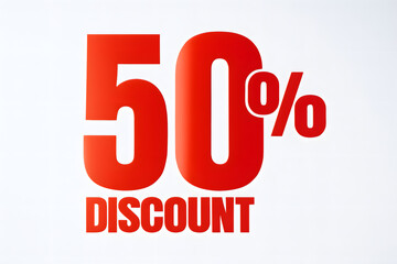 Eye-catching fifty percent discount promotion in vibrant red on a simple white backdrop.