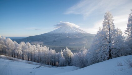 Snow-covered mountain landscape with trees and ski tracks, highlighting winter recreation